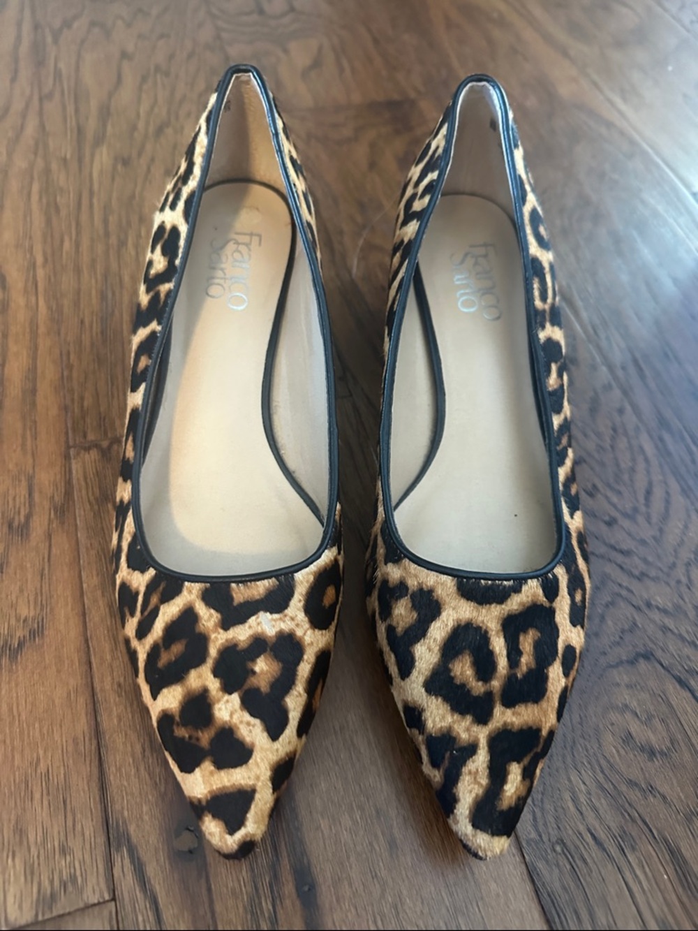 Franco Sarto Leopard-Print Pointed Toe Flats in Brown and Black
